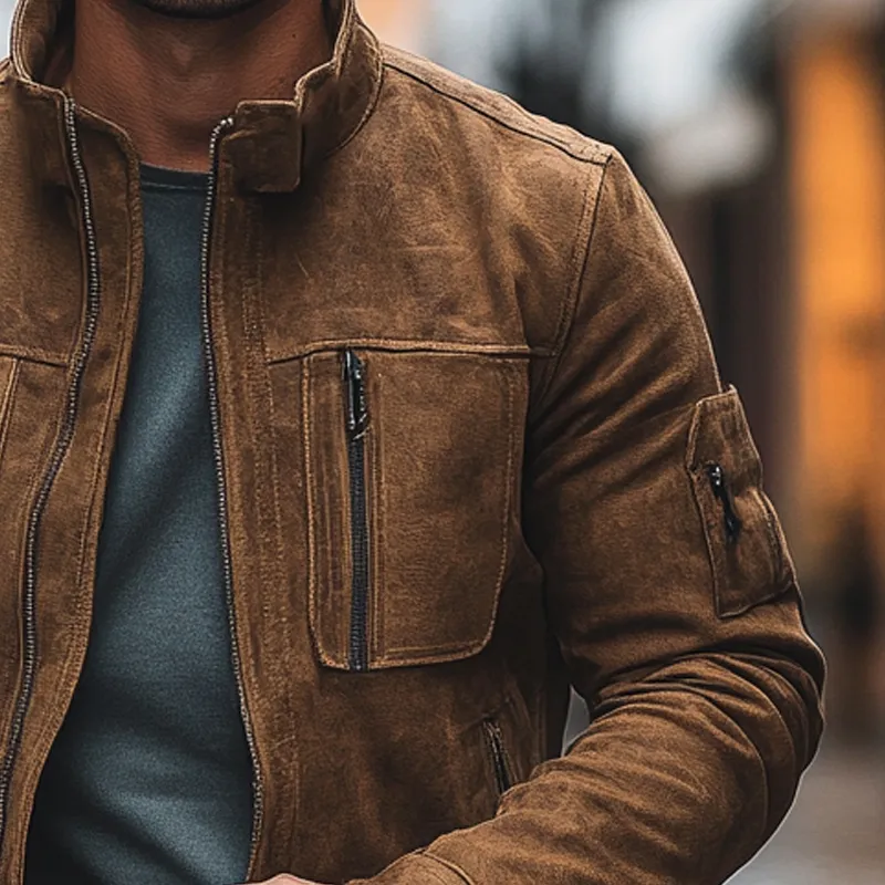 Men's Solid Faux Suede Stand Collar Zip-Up Jacket MTA2803I5X sold by Manly product image thumbnail 3