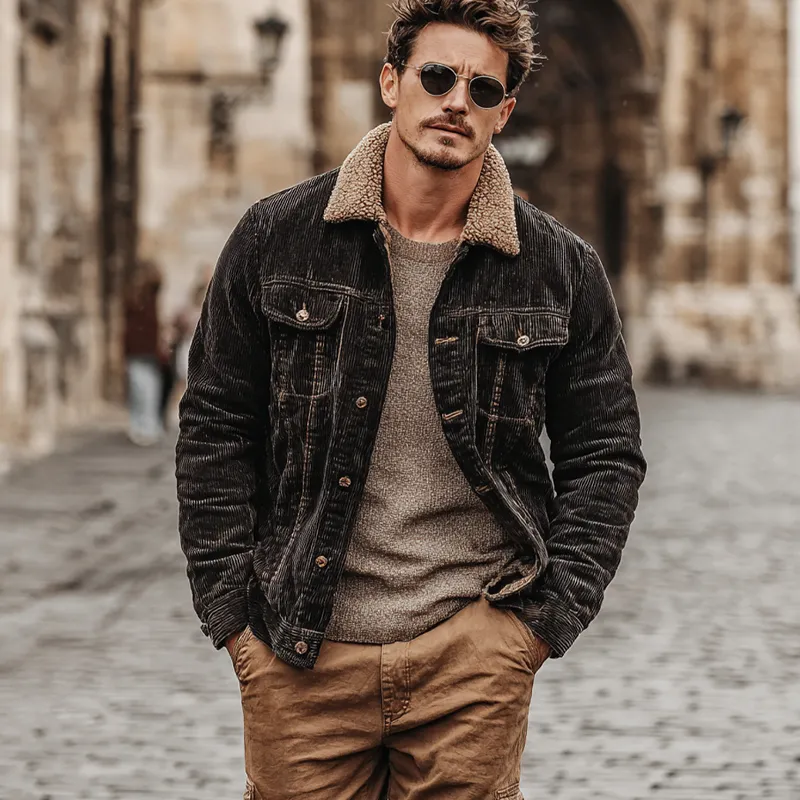 Men's Vintage Corduroy Splicing Polar Fleece Lapel Jacket MTA2628I1X sold by Manly product image thumbnail 4