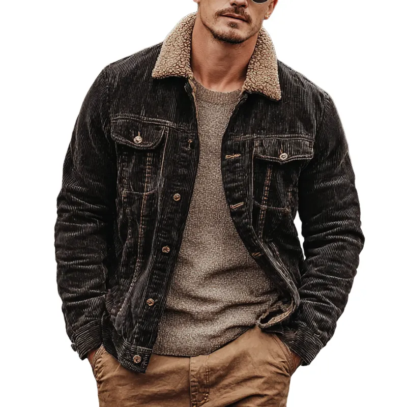 Men's Vintage Corduroy Splicing Polar Fleece Lapel Jacket MTA2628I1X sold by Manly