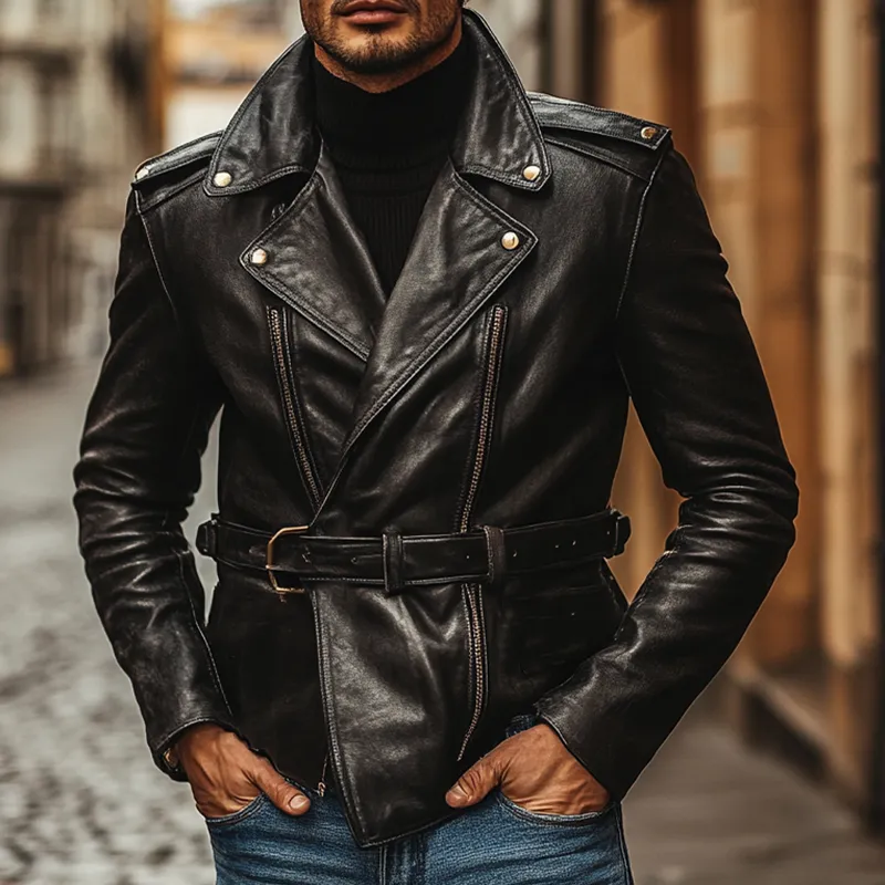 Men's Solid Color Retro Lapel PU Leather Jacket (with Belt) MTA2622I2X sold by Manly product image thumbnail 3