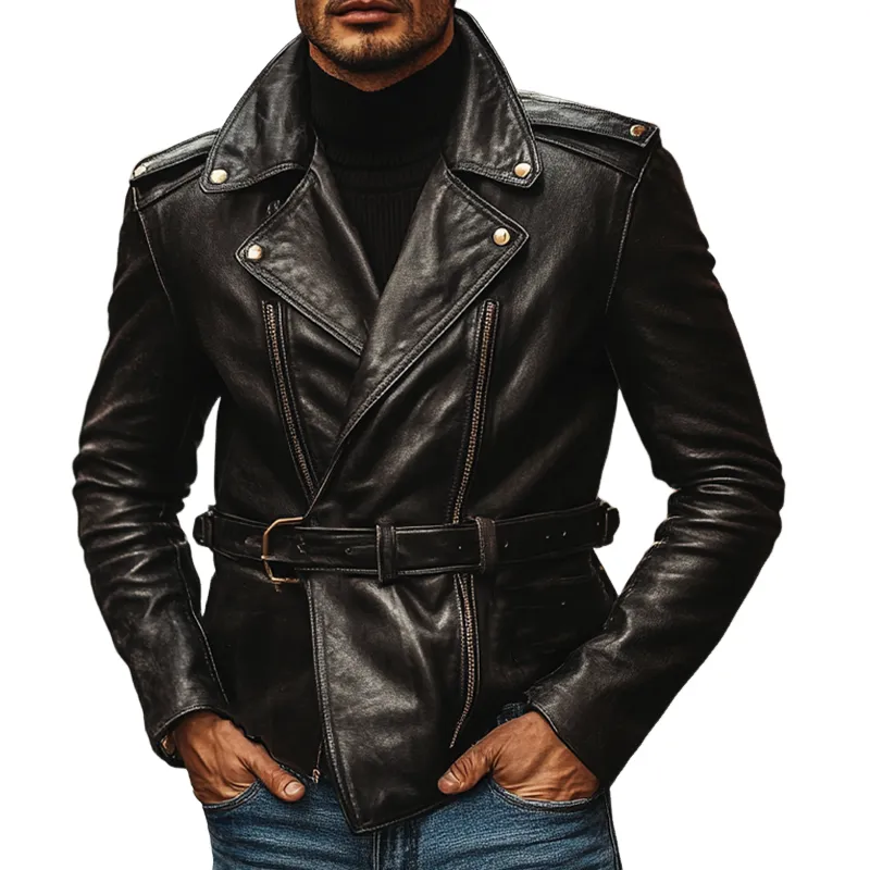 Men's Solid Color Retro Lapel PU Leather Jacket (with Belt) MTA2622I2X sold by Manly