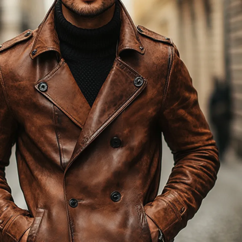 Men's Vintage Lapel Double Breasted PU Leather Jacket MTA2676I8X sold by Manly product image thumbnail 3