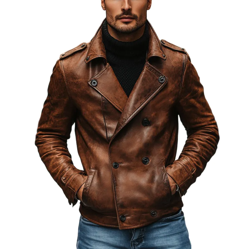 Men's Vintage Lapel Double Breasted PU Leather Jacket MTA2676I8X sold by Manly