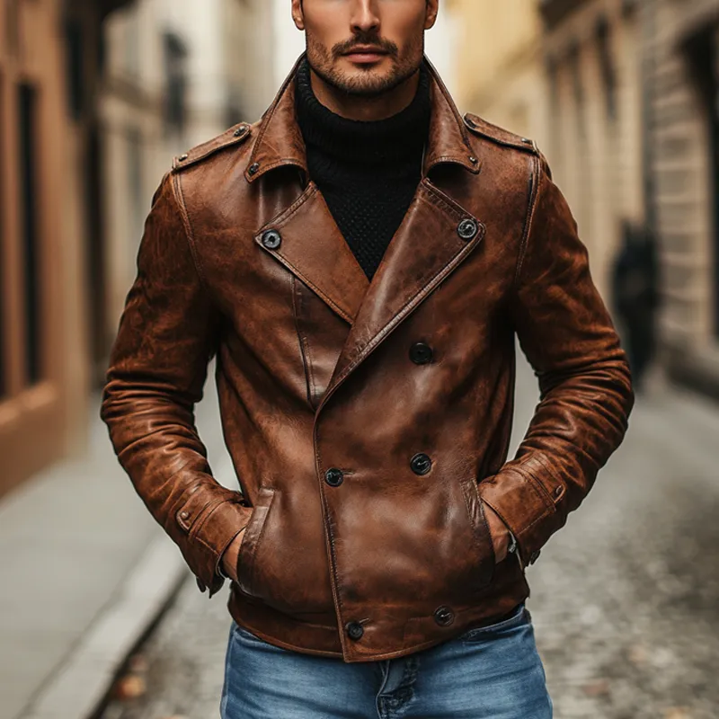 Men's Vintage Lapel Double Breasted PU Leather Jacket MTA2676I8X sold by Manly product image thumbnail 2