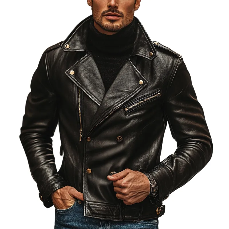 Men's Solid Color Lapel Double-breasted Motorcycle PU Leather Jacket MTA2612I3X sold by Manly