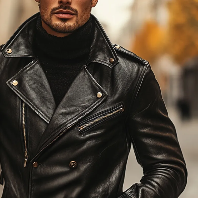 Men's Solid Color Lapel Double-breasted Motorcycle PU Leather Jacket MTA2612I3X sold by Manly product image thumbnail 3