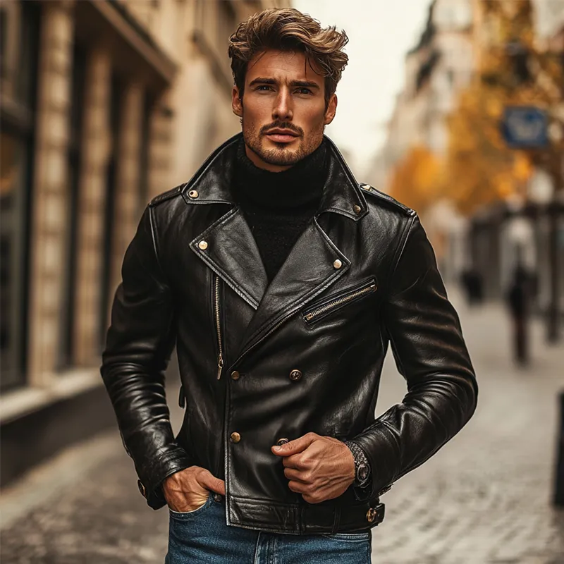 Men's Solid Color Lapel Double-breasted Motorcycle PU Leather Jacket MTA2612I3X sold by Manly product image thumbnail 4