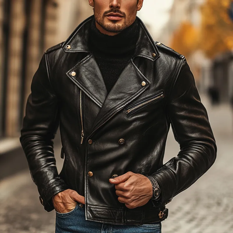 Men's Solid Color Lapel Double-breasted Motorcycle PU Leather Jacket MTA2612I3X sold by Manly product image thumbnail 2