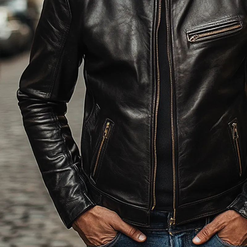 Men's Solid Color Stand Collar Zipper PU Leather Jacket MTA2660I8X sold by Manly product image thumbnail 4