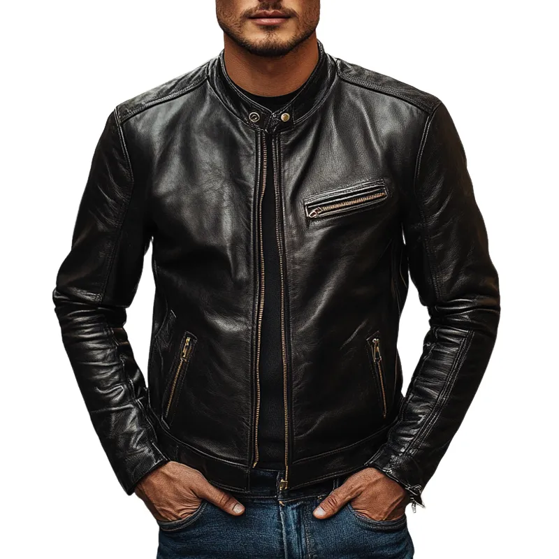 Men's Solid Color Stand Collar Zipper PU Leather Jacket MTA2660I8X sold by Manly