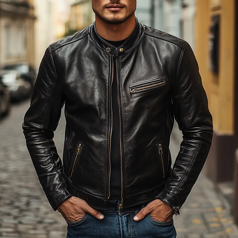 Men's Solid Color Stand Collar Zipper PU Leather Jacket MTA2660I8X sold by Manly product image thumbnail 2