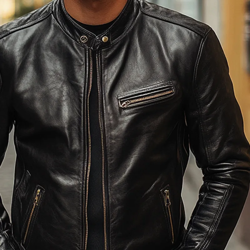 Men's Solid Color Stand Collar Zipper PU Leather Jacket MTA2660I8X sold by Manly product image thumbnail 3