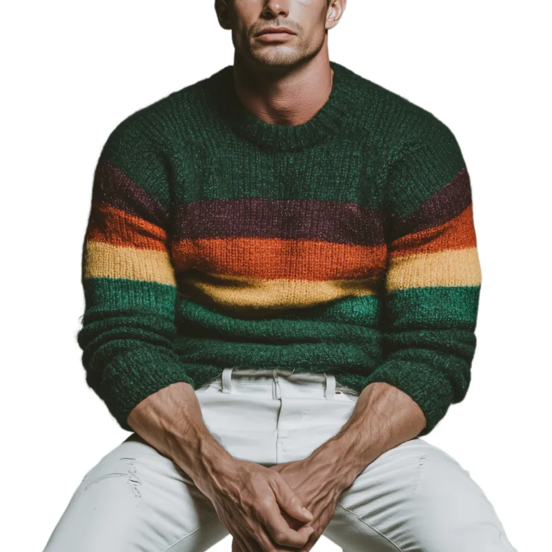 Men's Classic Casual Christmas Green Crew Neck Horizontal Striped Sweater MTA2961I7K sold by Manly