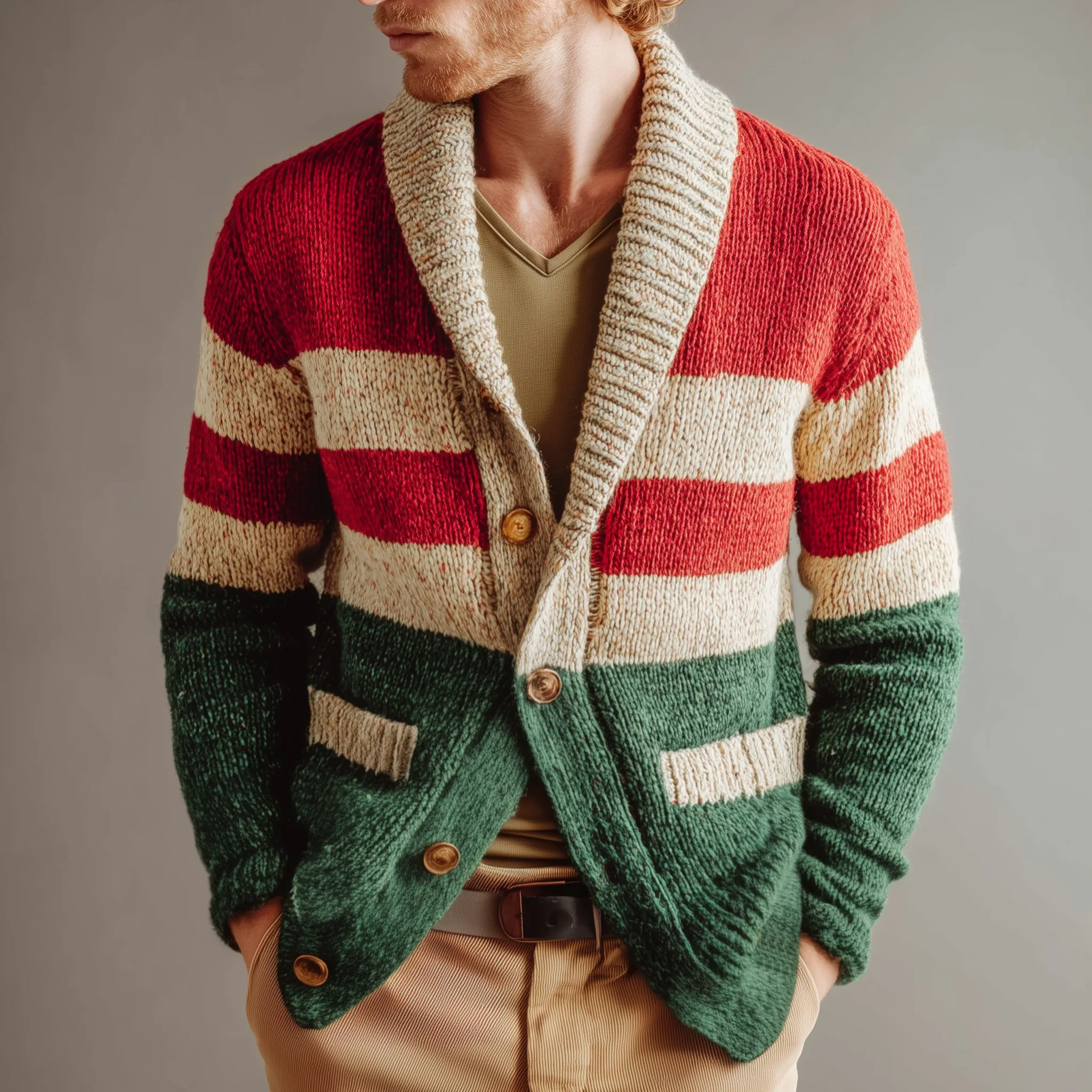 Men's Classic Casual Christmas Party Red And Green Horizontal Striped Cardigan MTA2968I8K sold by Manly product image thumbnail 2