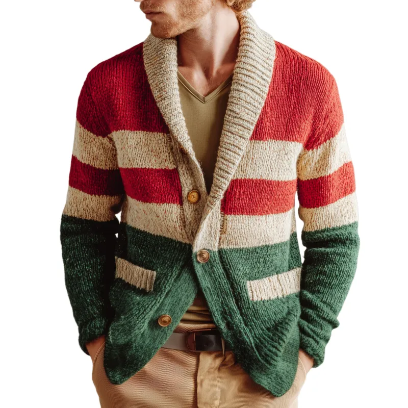Men's Classic Casual Christmas Party Red And Green Horizontal Striped Cardigan MTA2968I8K sold by Manly