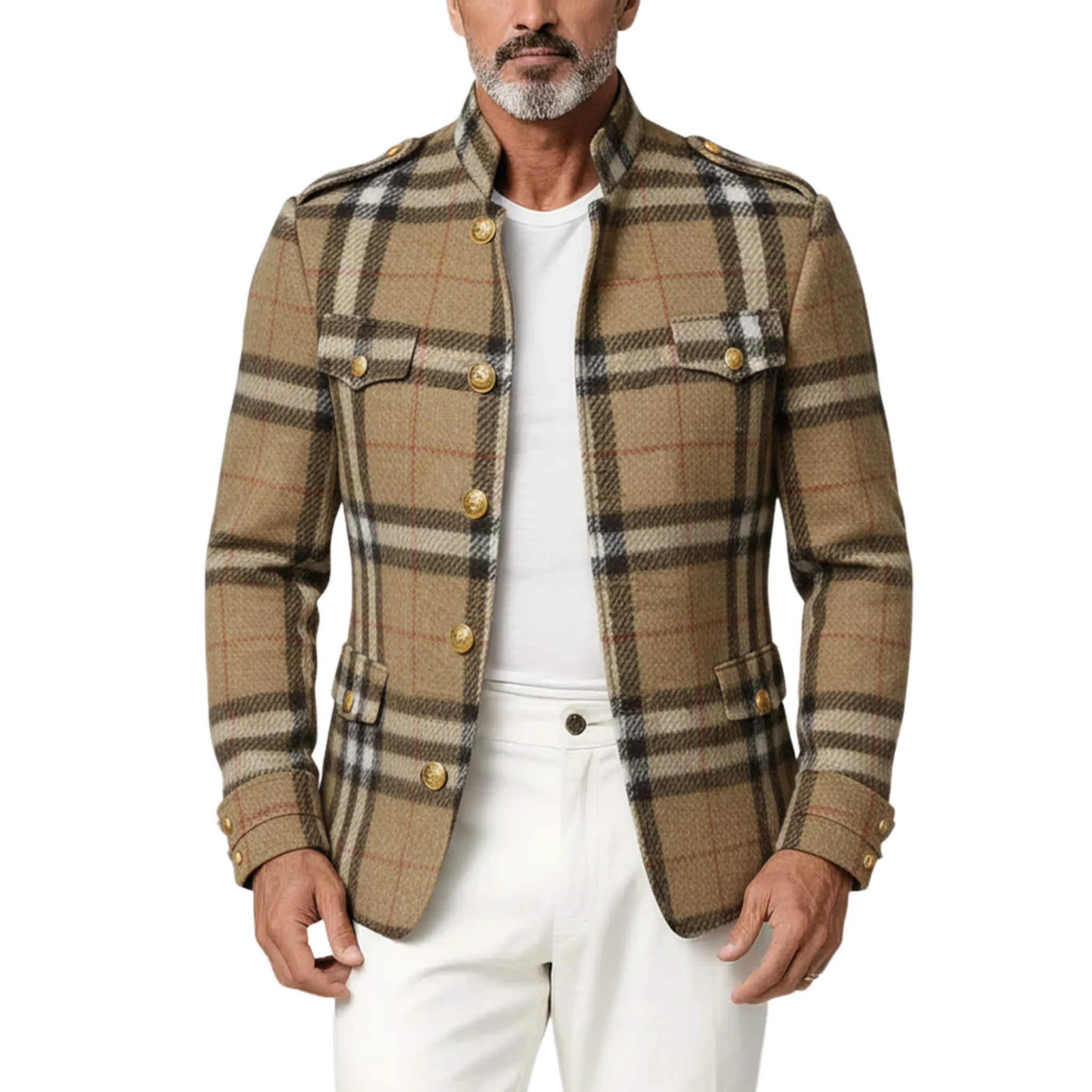 Men's Classic Retro Stand Collar Faux Plaid Woolen Slim Jacket MTA3023I8K sold by Manly