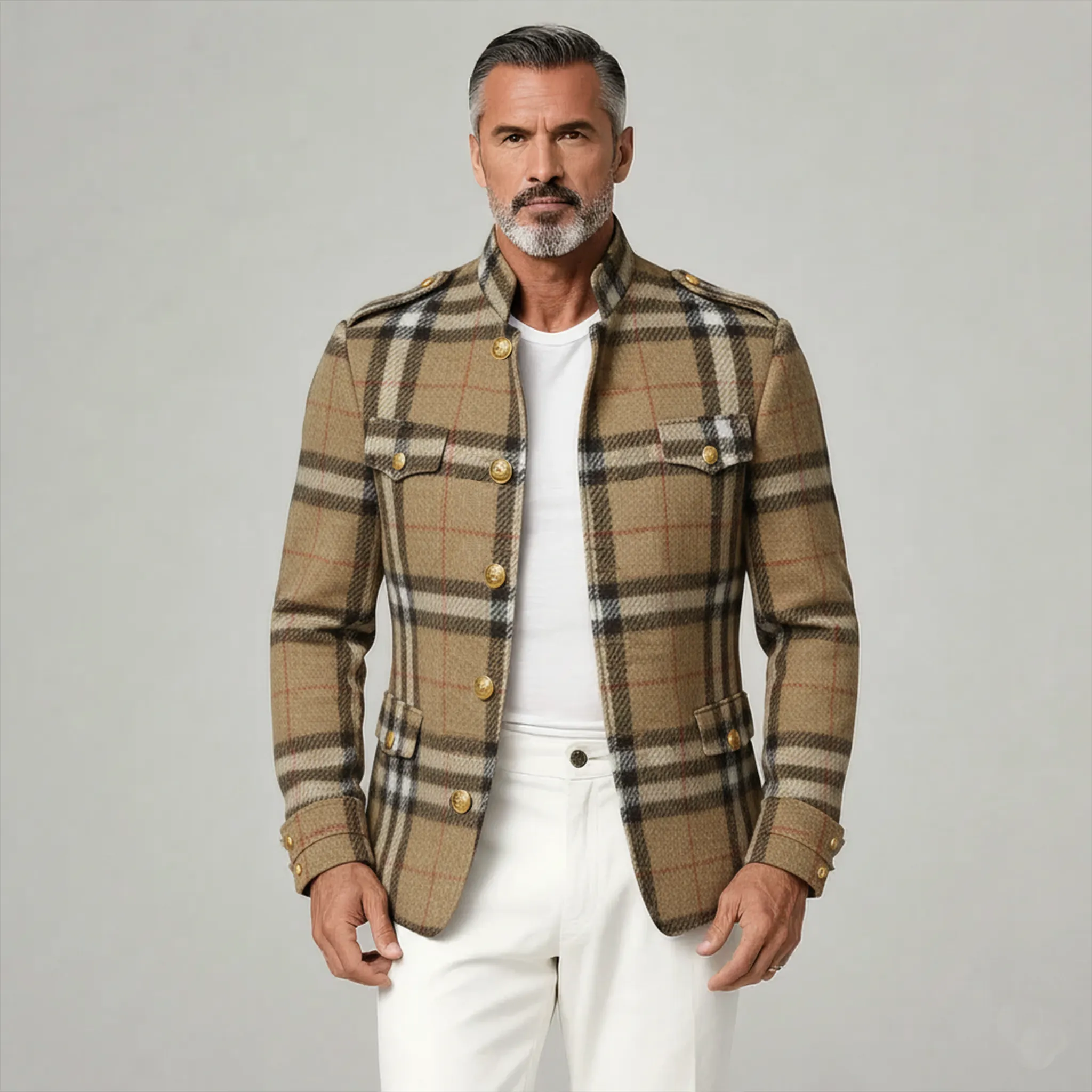 Men's Classic Retro Stand Collar Faux Plaid Woolen Slim Jacket MTA3023I8K sold by Manly product image thumbnail 3