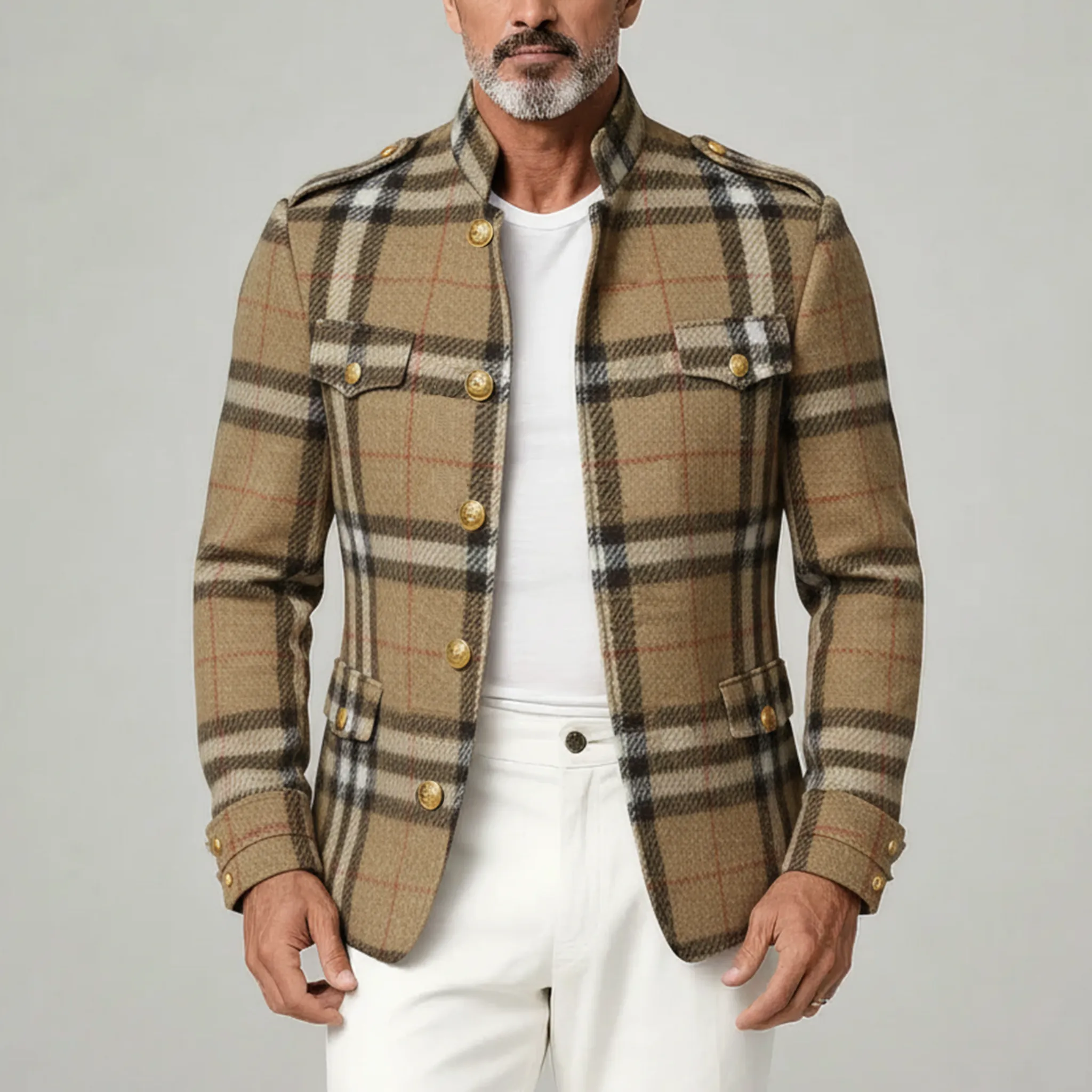 Men's Classic Retro Stand Collar Faux Plaid Woolen Slim Jacket MTA3023I8K sold by Manly product image thumbnail 2