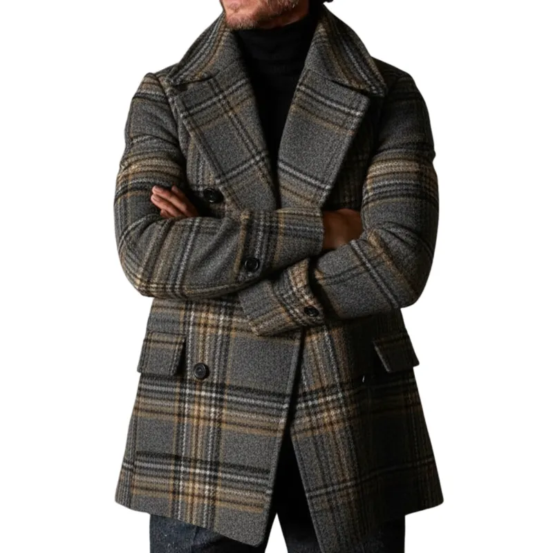 Men's Classic Retro Lapel Faux Plaid Wool Double-breasted Coat MTA3039I1K sold by Manly