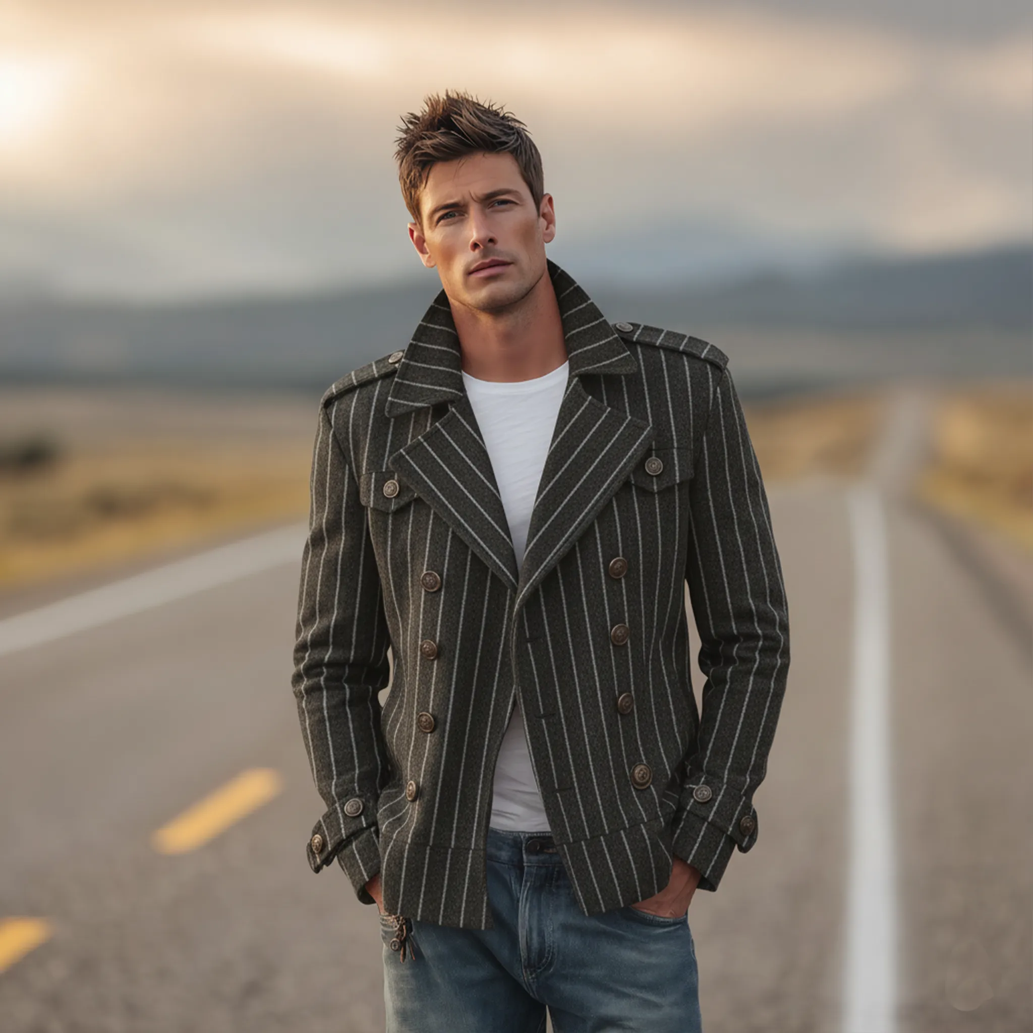 Men's Classic Retro Lapel Vertical Striped Faux Wool Double-breasted Jacket MTA2875I2K sold by Manly product image thumbnail 3