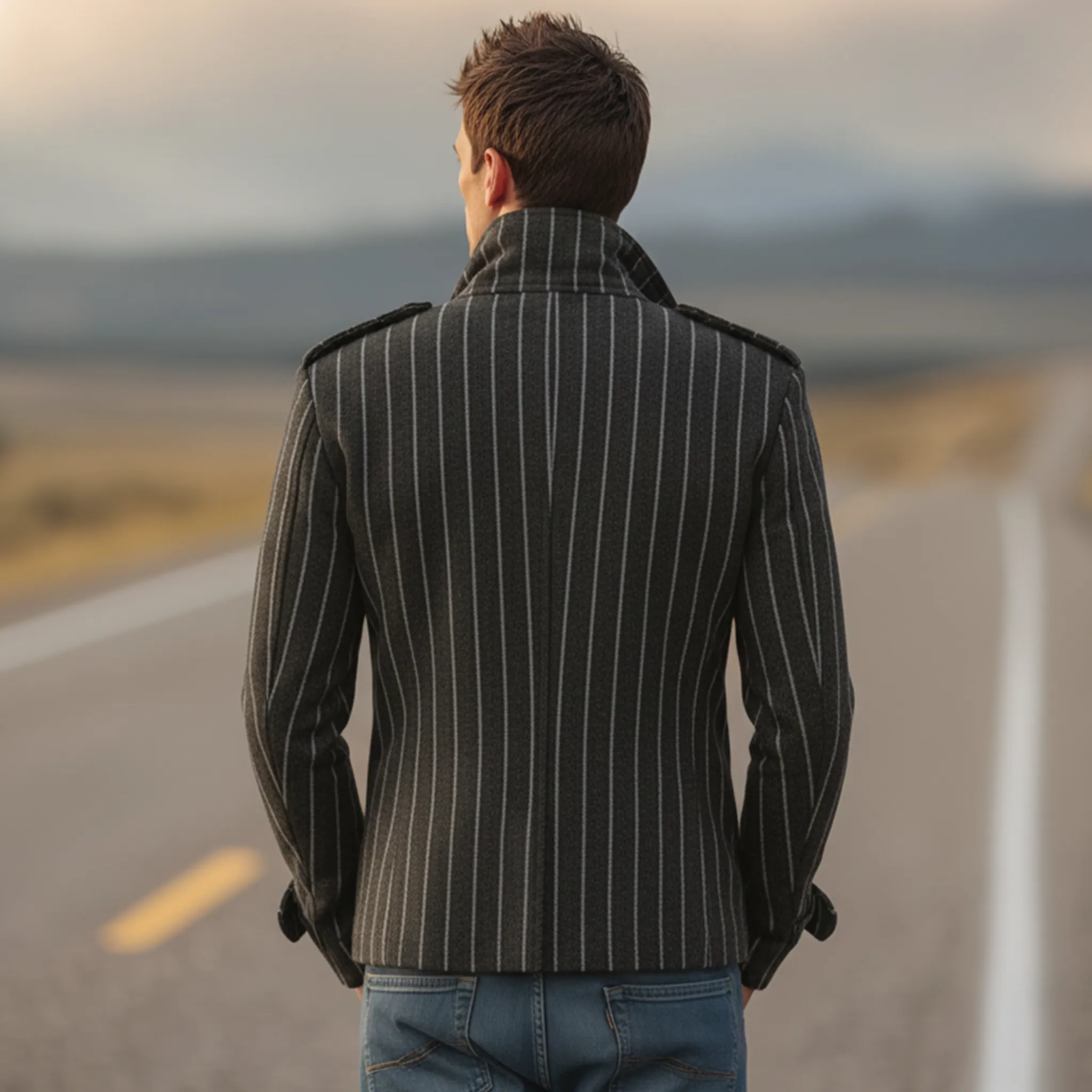 Men's Classic Retro Lapel Vertical Striped Faux Wool Double-breasted Jacket MTA2875I2K sold by Manly product image thumbnail 5