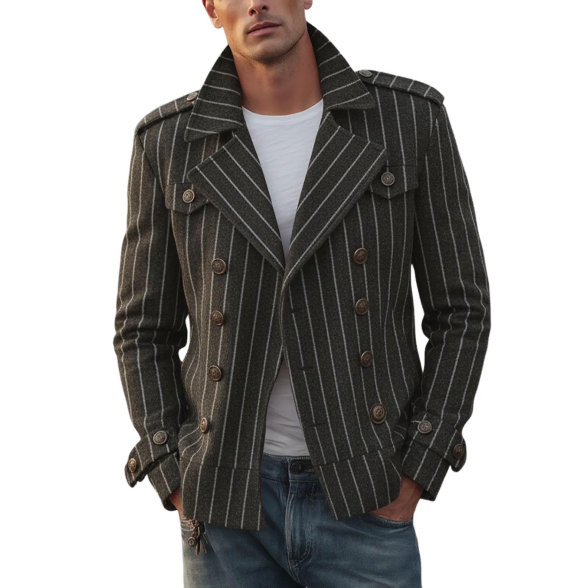 Men's Classic Retro Lapel Vertical Striped Faux Wool Double-breasted Jacket MTA2875I2K sold by Manly