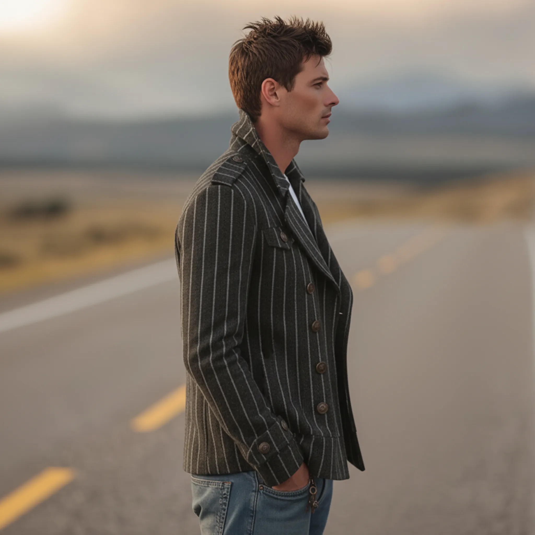 Men's Classic Retro Lapel Vertical Striped Faux Wool Double-breasted Jacket MTA2875I2K sold by Manly product image thumbnail 4