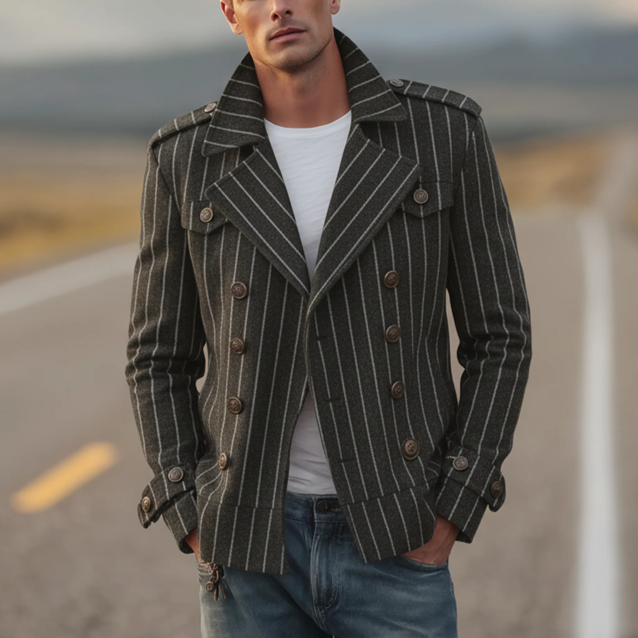 Men's Classic Retro Lapel Vertical Striped Faux Wool Double-breasted Jacket MTA2875I2K sold by Manly product image thumbnail 2