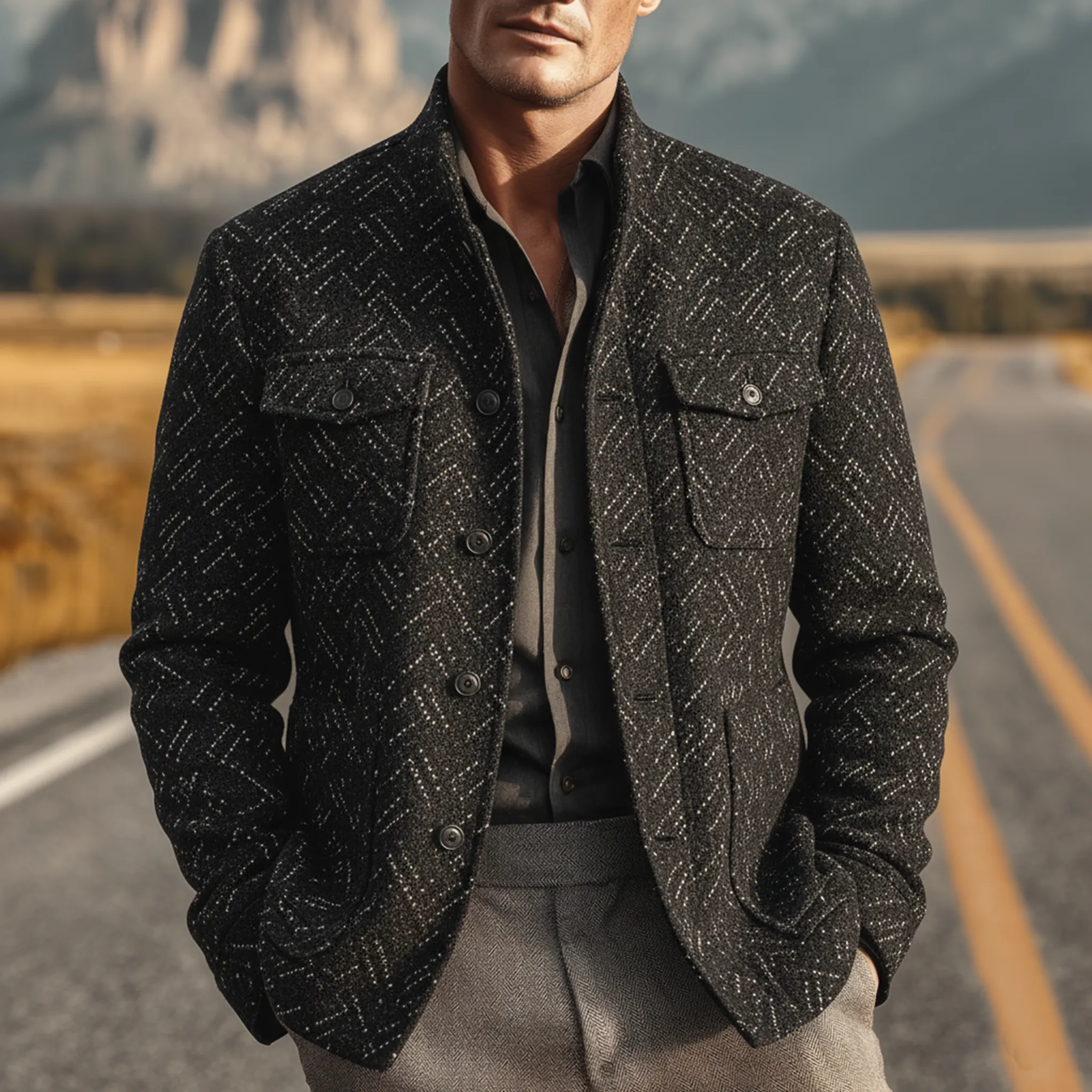 Men's Classic Light Business Stand Collar Multi-pocket Faux Textured Wool Jacket MTA2916I7K sold by Manly product image thumbnail 2