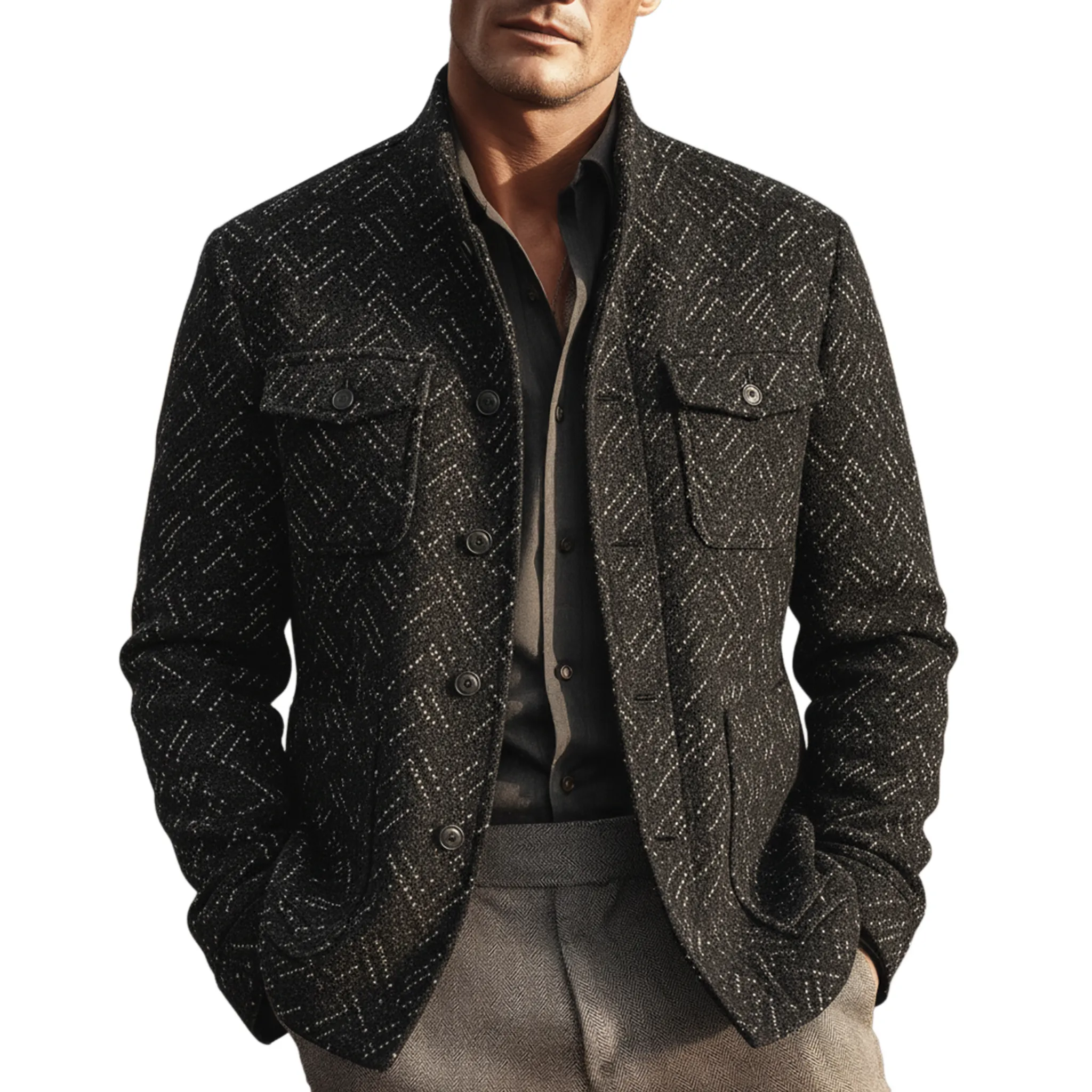 Men's Classic Light Business Stand Collar Multi-pocket Faux Textured Wool Jacket MTA2916I7K sold by Manly