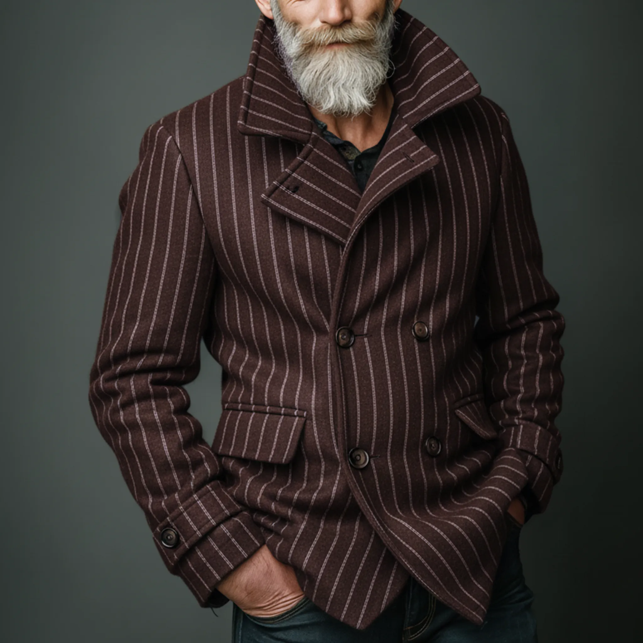 Men's Classic Retro Lapel Vertical Faux Striped Wool Double-breasted Jacket MTA2976I7K sold by Manly product image thumbnail 2