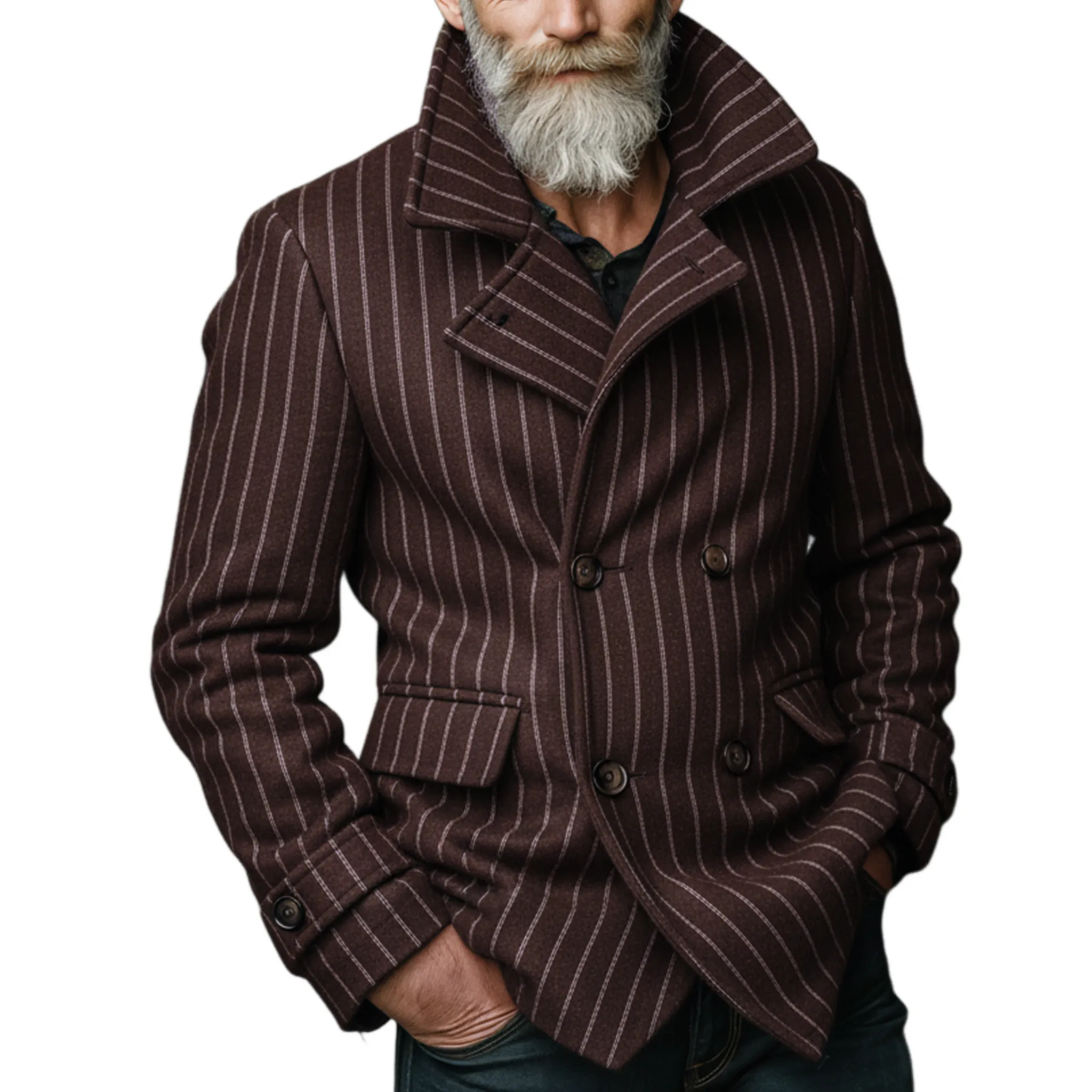 Men's Classic Retro Lapel Vertical Faux Striped Wool Double-breasted Jacket MTA2976I7K sold by Manly