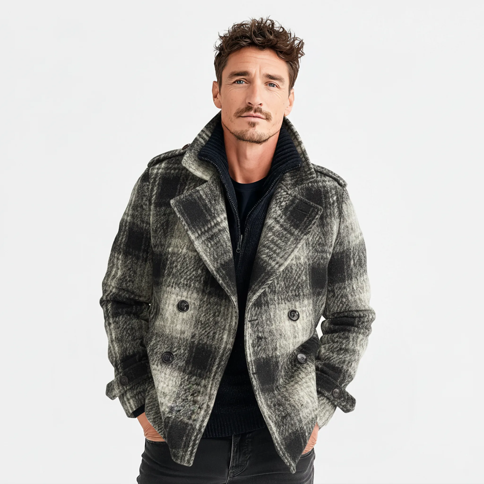 Men's Classic Light Business Lapel Double-breasted Faux Plaid Wool Jacket MTA3017I8K sold by Manly product image thumbnail 3