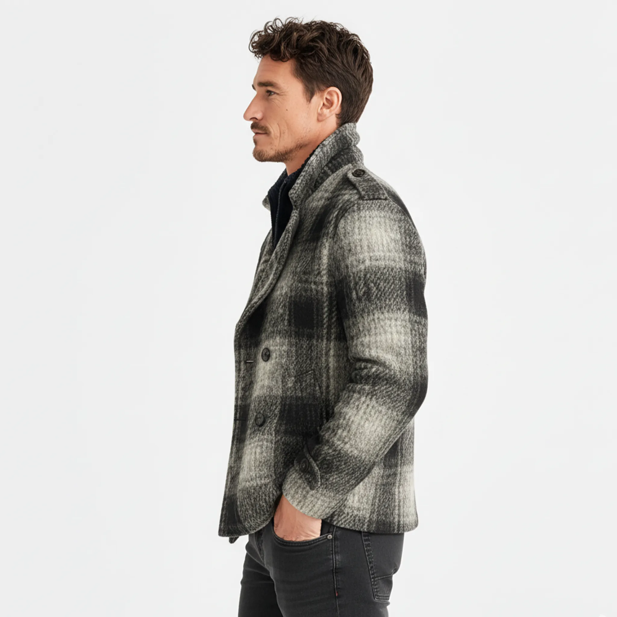 Men's Classic Light Business Lapel Double-breasted Faux Plaid Wool Jacket MTA3017I8K sold by Manly product image thumbnail 4