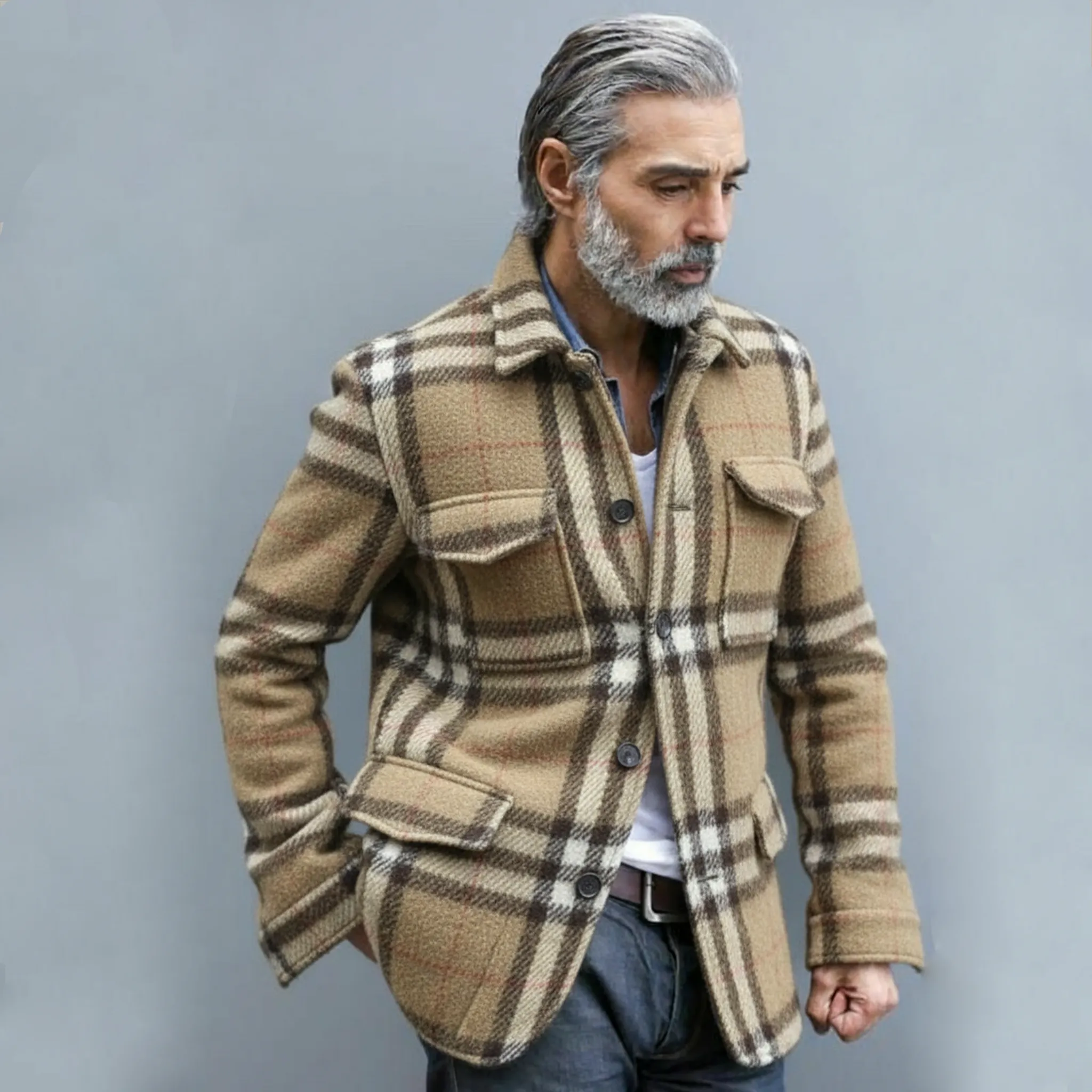 Men's Classic Light Business Lapel Single-breasted Faux Plaid Woolen Jacket With Multiple Pockets MTA3032I6K sold by Manly product image thumbnail 3