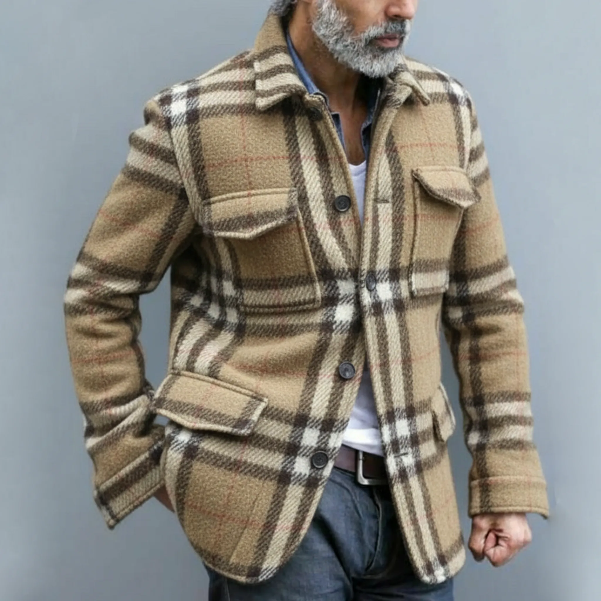 Men's Classic Light Business Lapel Single-breasted Faux Plaid Woolen Jacket With Multiple Pockets MTA3032I6K sold by Manly product image thumbnail 2