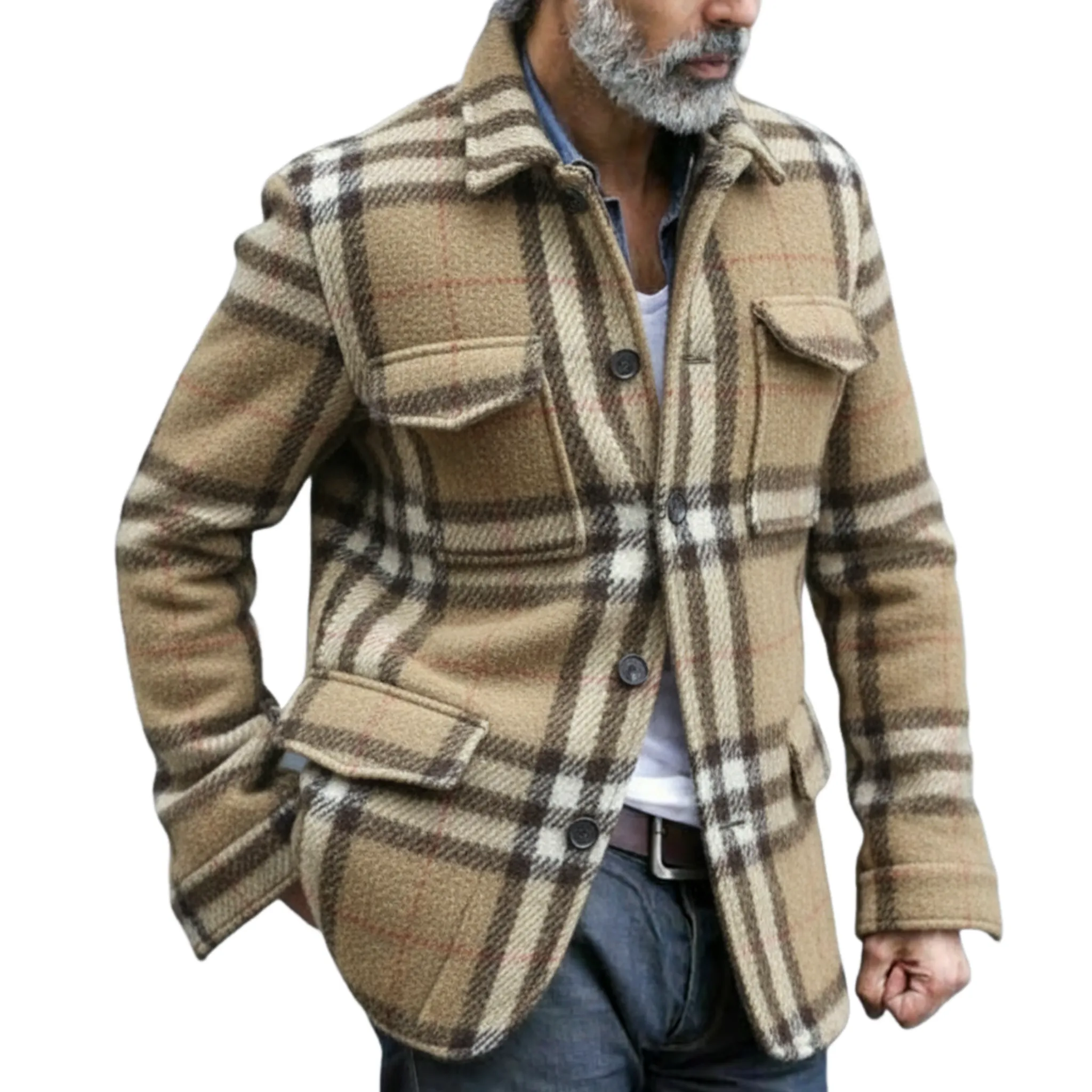 Men's Classic Light Business Lapel Single-breasted Faux Plaid Woolen Jacket With Multiple Pockets MTA3032I6K sold by Manly