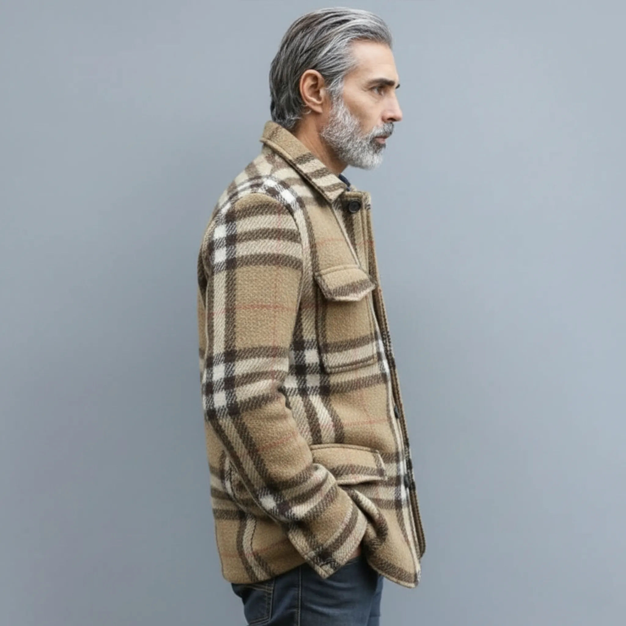 Men's Classic Light Business Lapel Single-breasted Faux Plaid Woolen Jacket With Multiple Pockets MTA3032I6K sold by Manly product image thumbnail 4