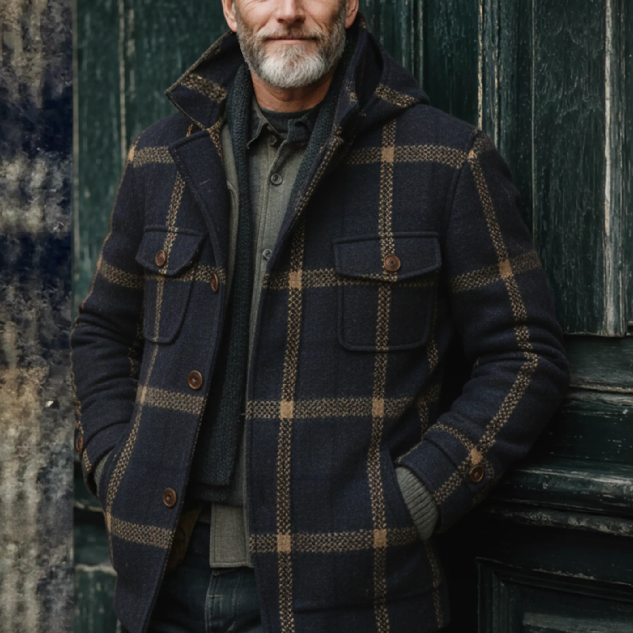 Men's Classic Retro Faux Plaid Wool Stand Collar Hooded Multi-Pocket Jacket MTA3033I3K sold by Manly product image thumbnail 2