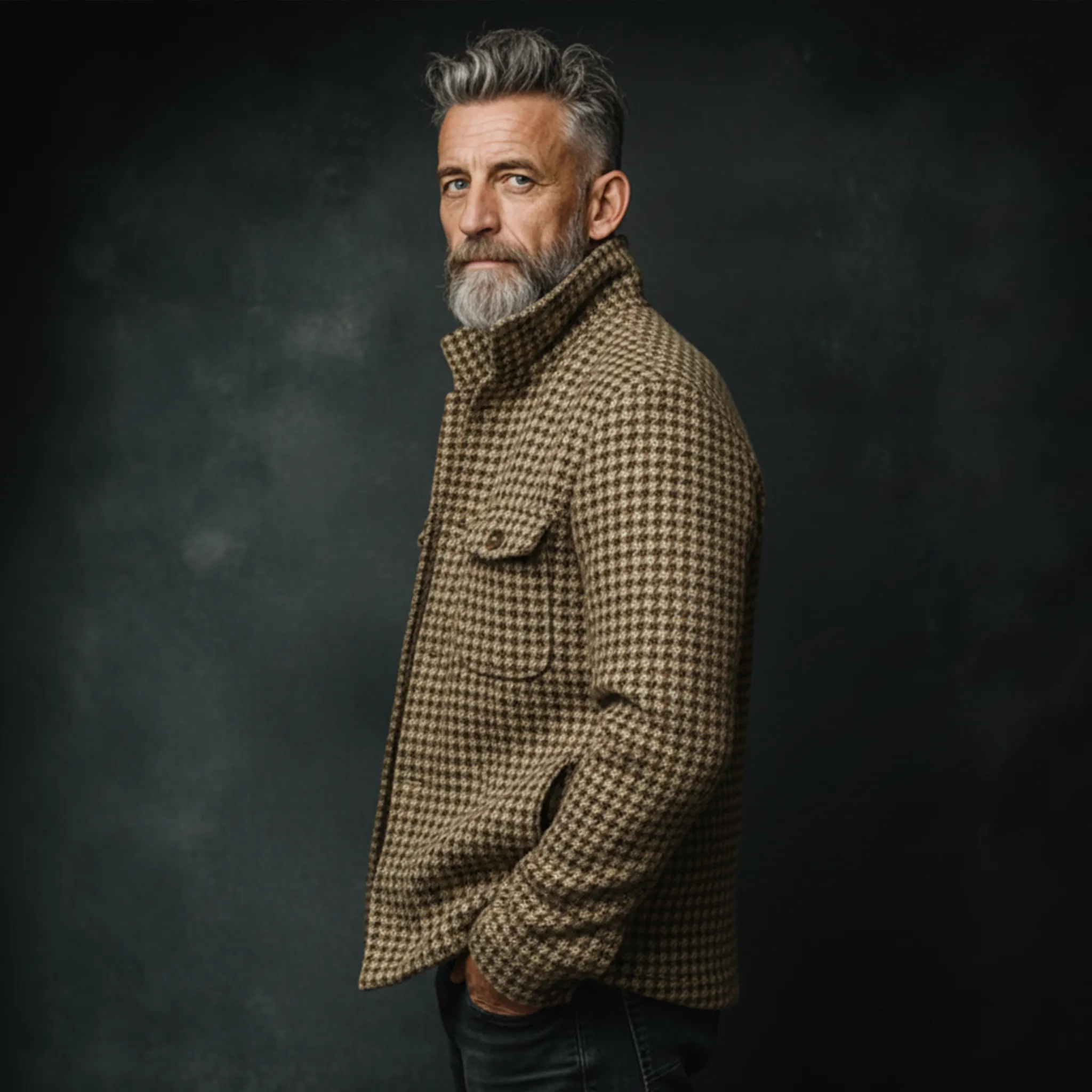 Men's Classic Casual Stand-up Collar Faux Houndstooth Multi-pocket Jacket MTA3087I6K sold by Manly product image thumbnail 4