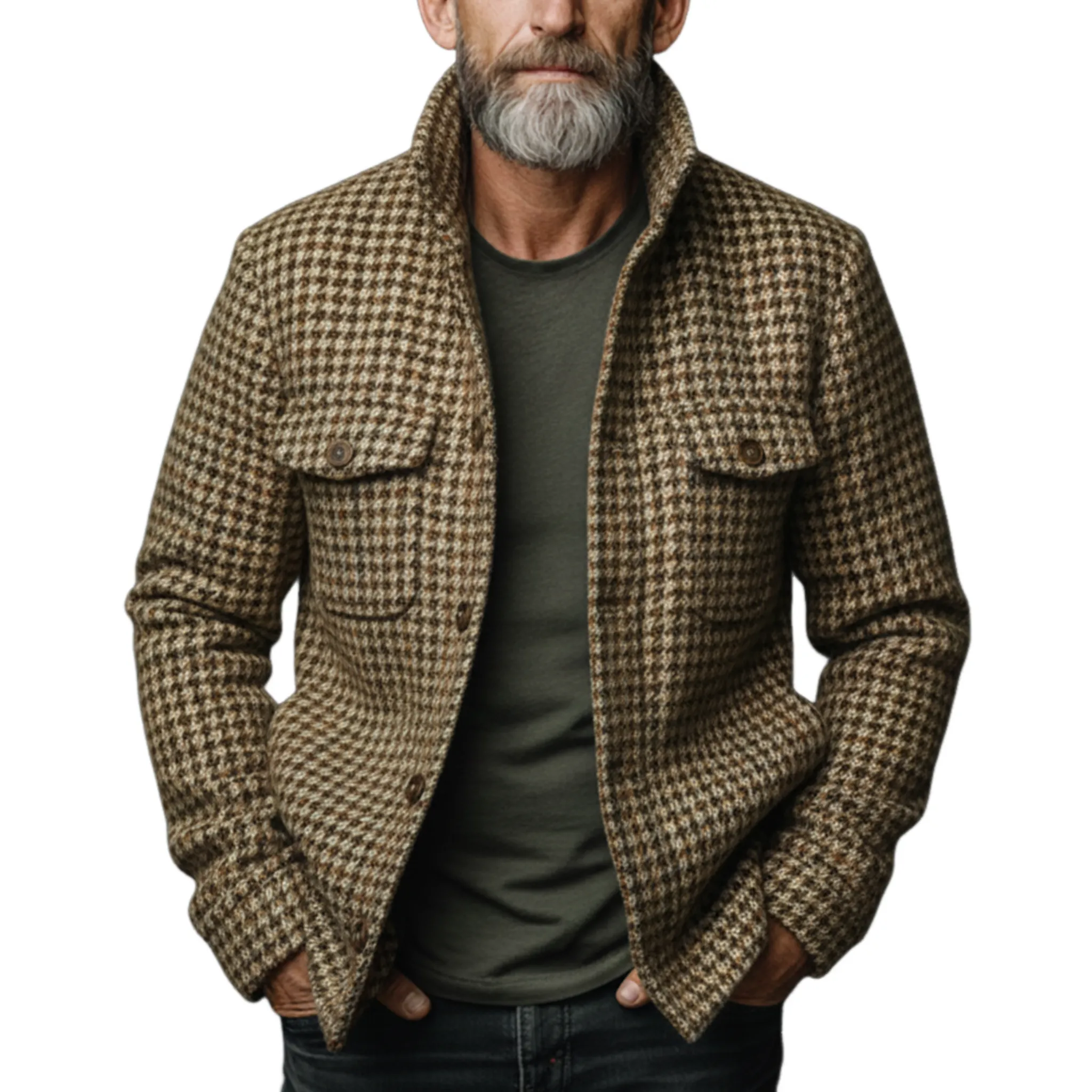 Men's Classic Casual Stand-up Collar Faux Houndstooth Multi-pocket Jacket MTA3087I6K sold by Manly