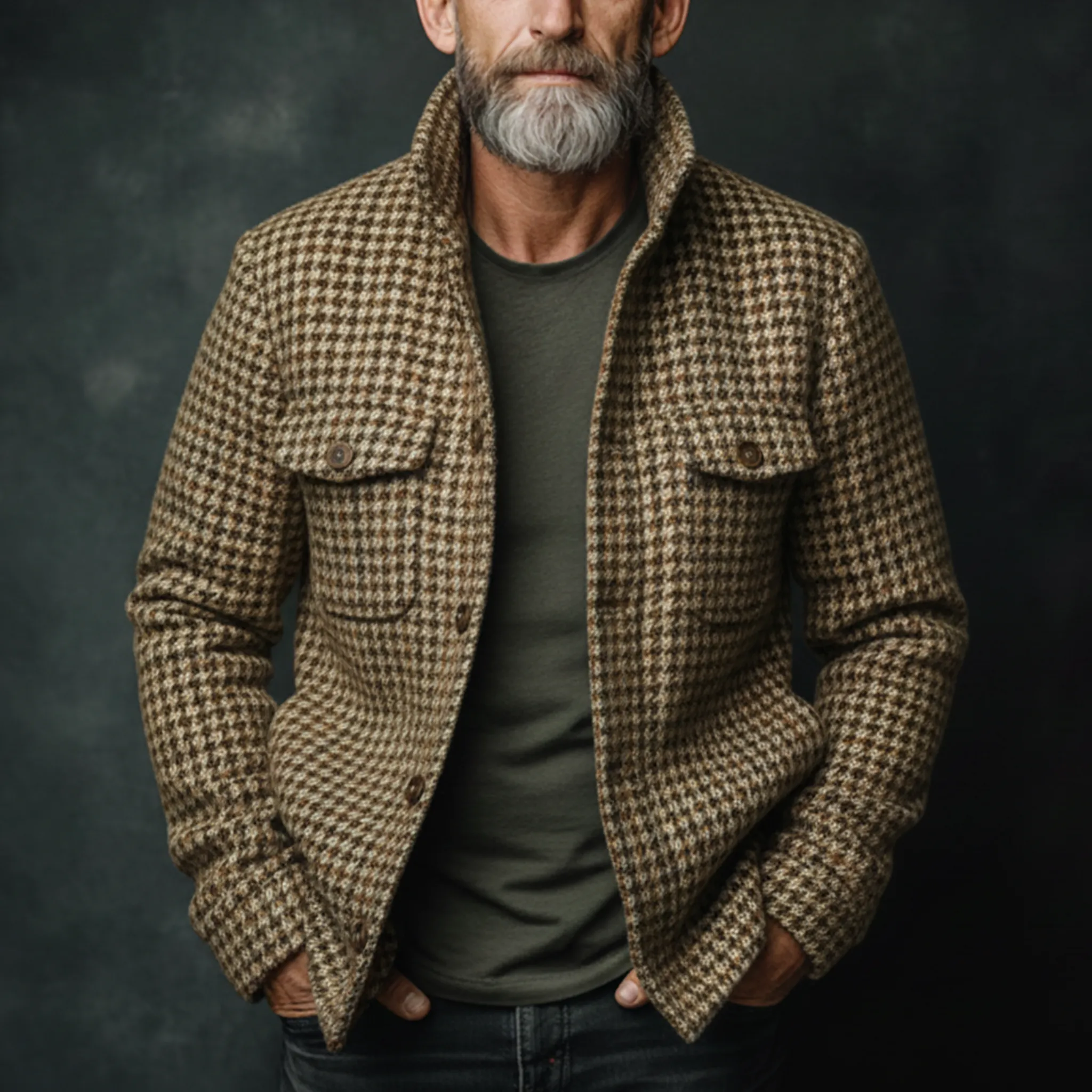 Men's Classic Casual Stand-up Collar Faux Houndstooth Multi-pocket Jacket MTA3087I6K sold by Manly product image thumbnail 2