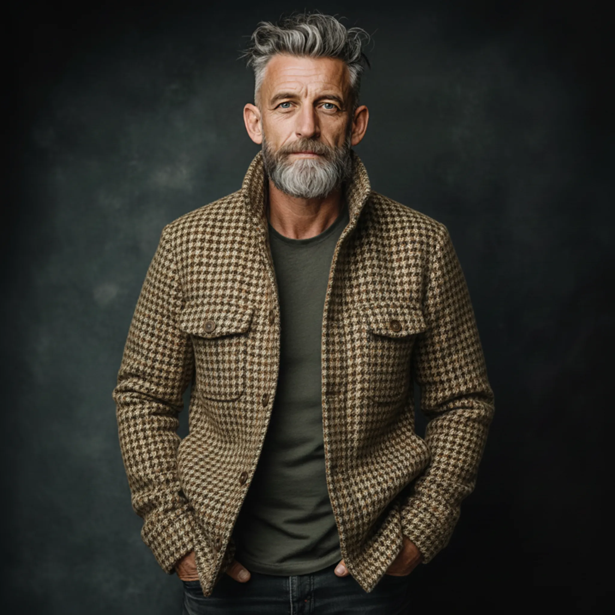 Men's Classic Casual Stand-up Collar Faux Houndstooth Multi-pocket Jacket MTA3087I6K sold by Manly product image thumbnail 3