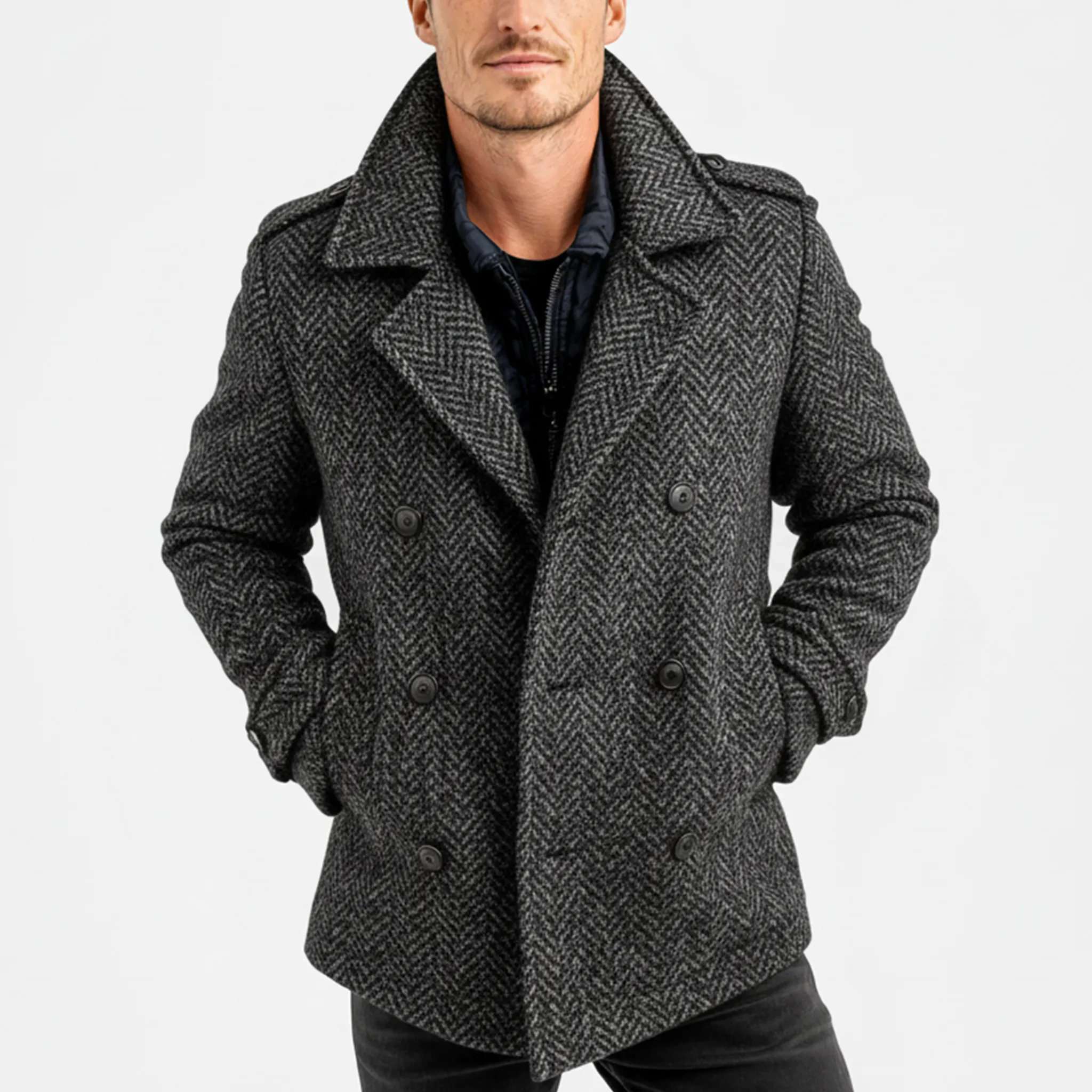 Men's Classic Light Business Lapel Double-breasted Faux Herringbone Wool Coat MTA3060I6K sold by Manly product image thumbnail 2