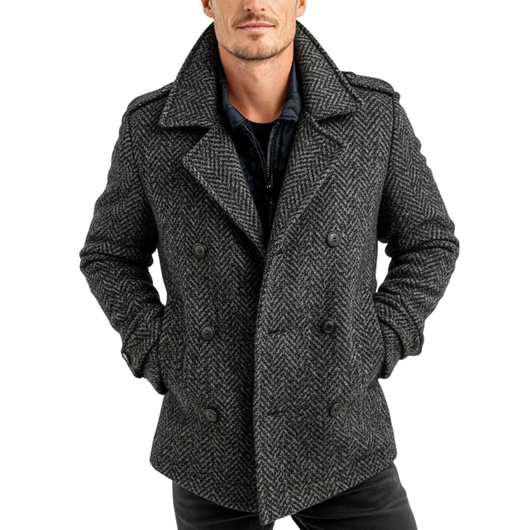 Men's Classic Light Business Lapel Double-breasted Faux Herringbone Wool Coat MTA3060I6K sold by Manly