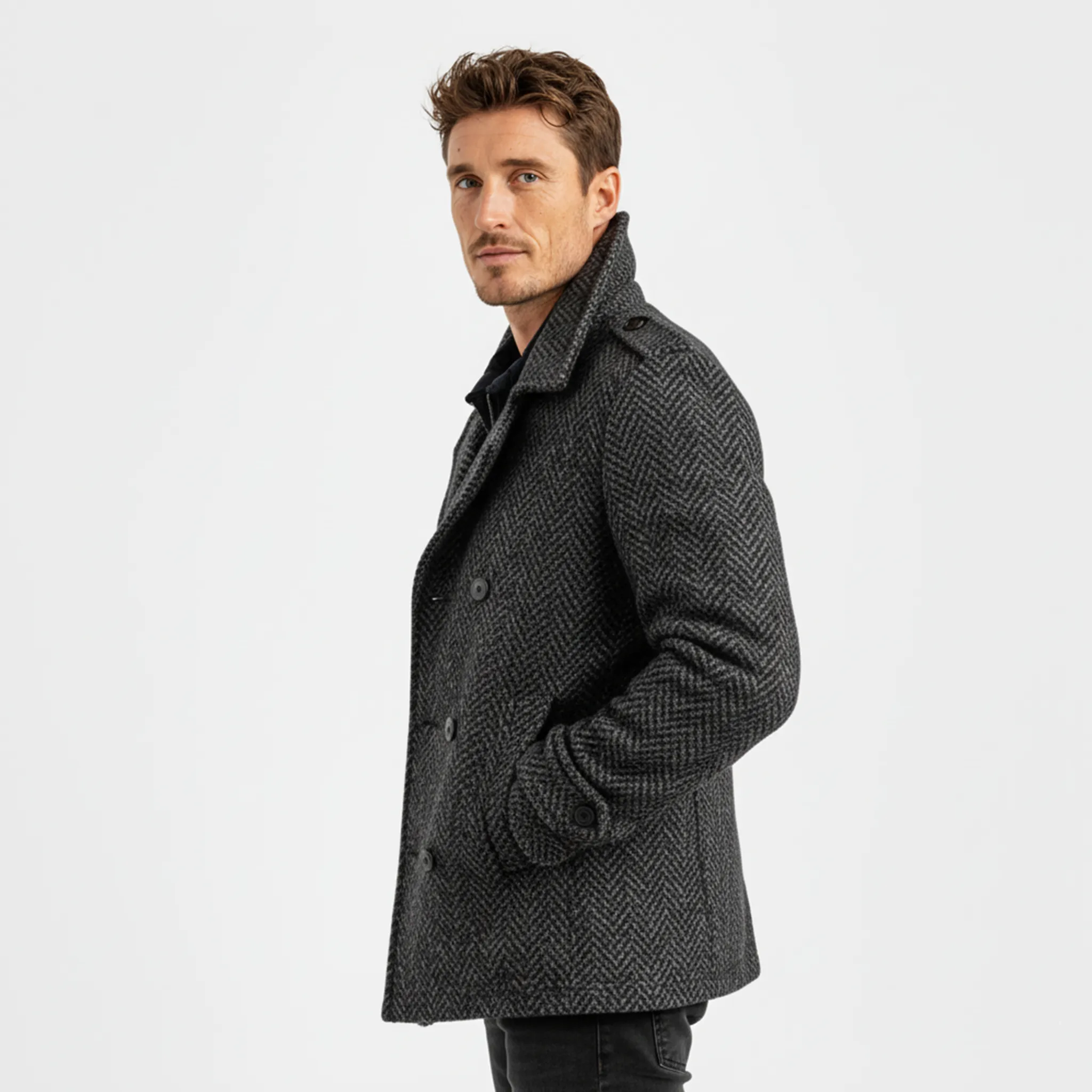 Men's Classic Light Business Lapel Double-breasted Faux Herringbone Wool Coat MTA3060I6K sold by Manly product image thumbnail 4