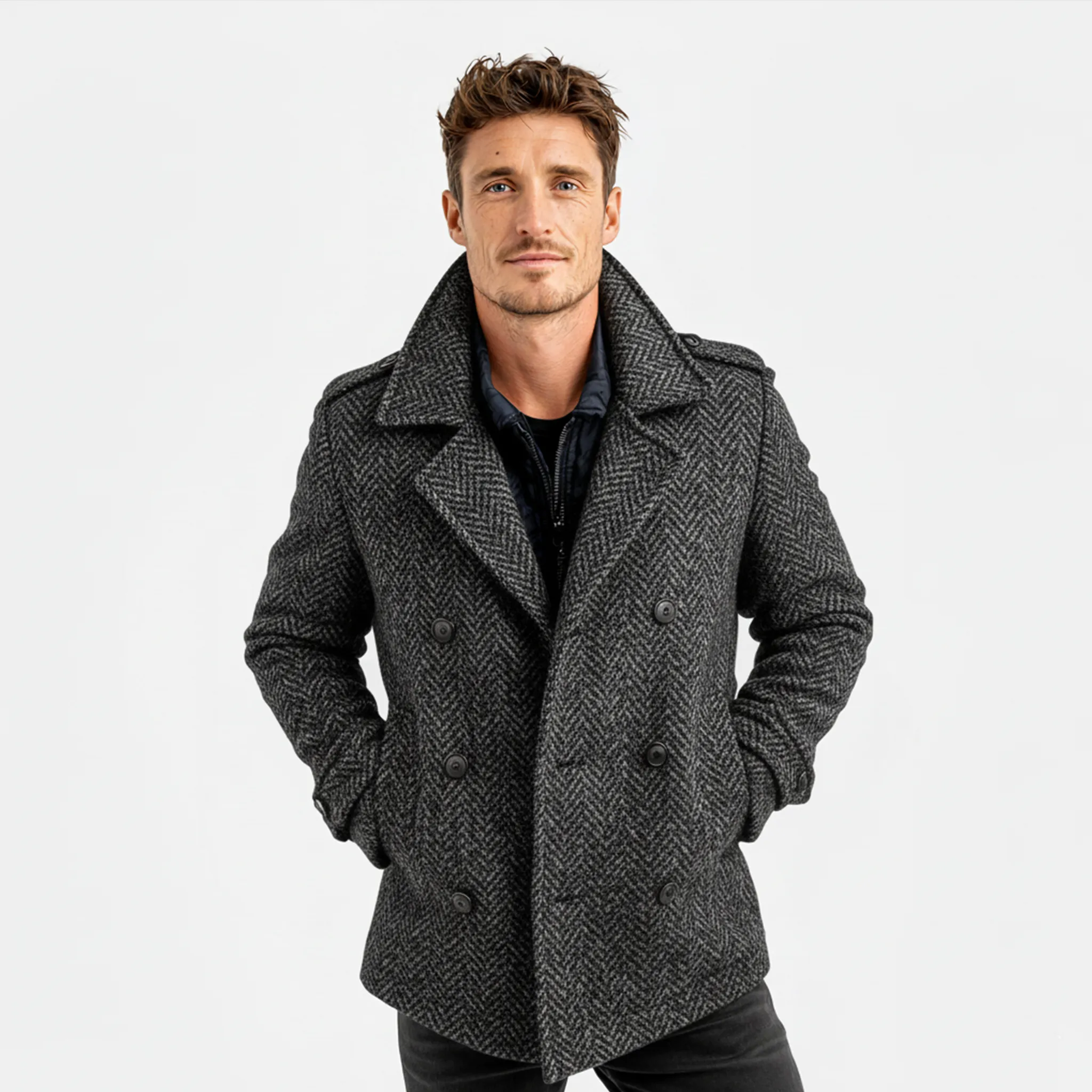 Men's Classic Light Business Lapel Double-breasted Faux Herringbone Wool Coat MTA3060I6K sold by Manly product image thumbnail 3