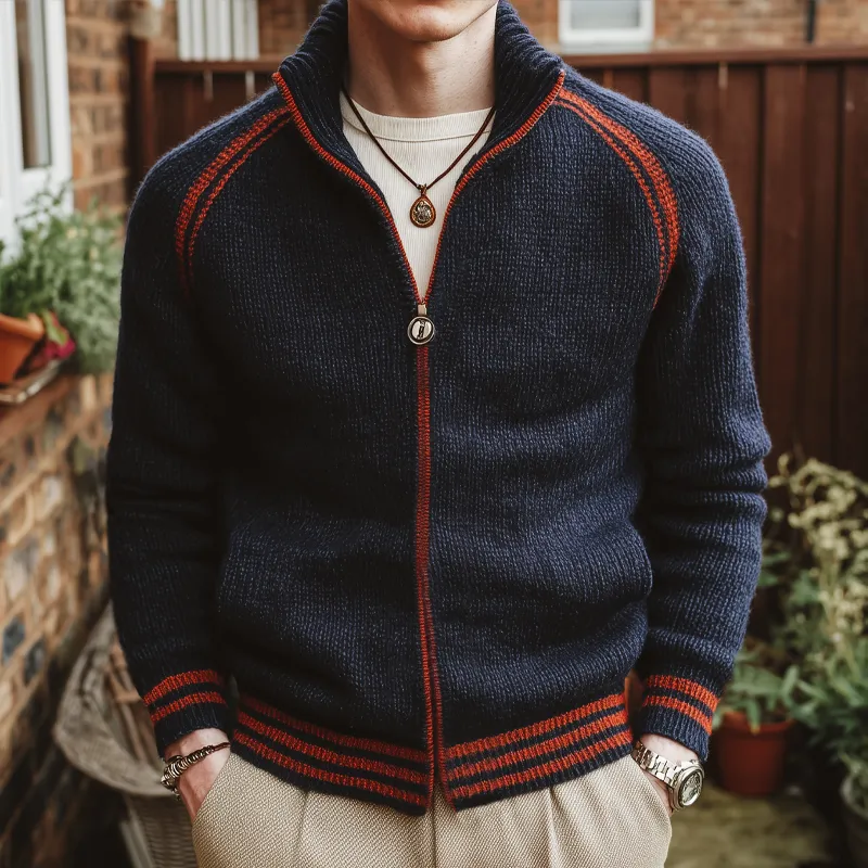 Men's Classic Stand Collar Colorblock Zippered Knit Cardigan MTA3037I7U sold by Manly product image thumbnail 2