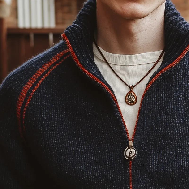 Men's Classic Stand Collar Colorblock Zippered Knit Cardigan MTA3037I7U sold by Manly product image thumbnail 3