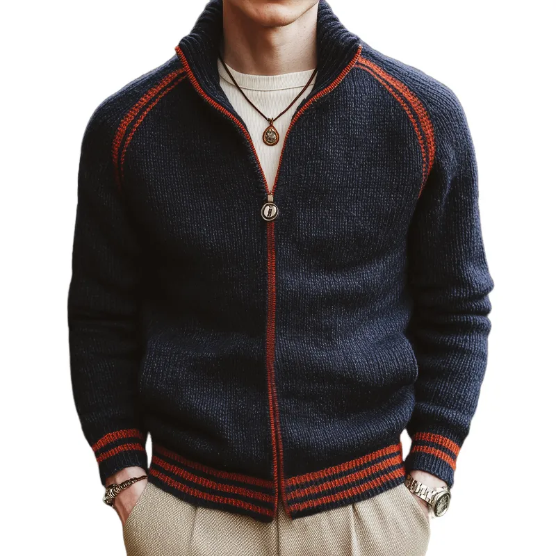 Men's Classic Stand Collar Colorblock Zippered Knit Cardigan MTA3037I7U sold by Manly